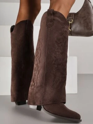 Brązowe Kozaki Kowbojki na Stożkowym Obcasie z Wywiniętą Cholewką z Haftem Fenassa marquiiz