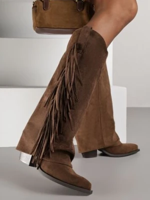 Brązowe Kozaki Kowbojki na Stożku z Cholewką Imitującą Nogawkę z Frędzlami Monettea marquiiz