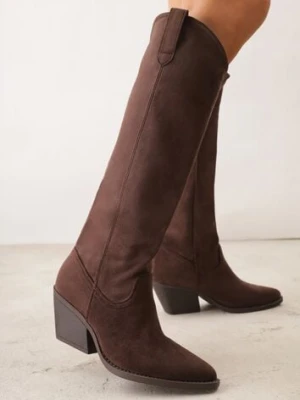 Brązowe Kozaki Kowbojki na Stożku z Gładką Cholewką z Imitacji Zamszu Halille joalice paris