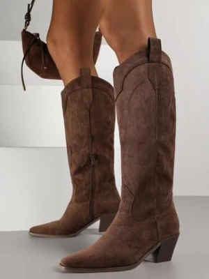 Brązowe Kozaki Kowbojki na Stożku z Haftem na Cholewce Gallessa ballada