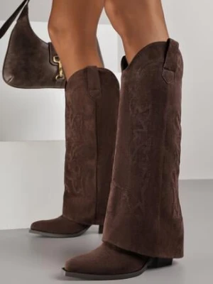 Brązowe Kozaki Kowbojki na Stożku z Haftowaną Cholewką Imitującą Nogawkę Fenika marquiiz