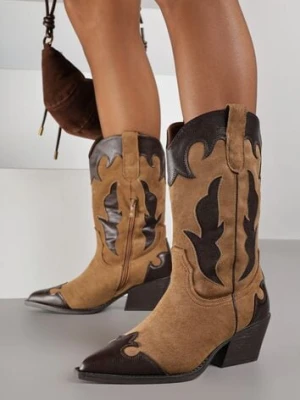 Brązowe Kozaki Kowbojki na Stożku z Tłoczoną Cholewką Avrenne