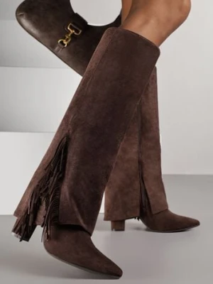 Brązowe Kozaki na Słupkowym Obcasie z Cholewką Imitującą Nogawkę z Frędzlami Linafela bestelle