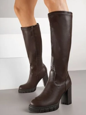 Brązowe Kozaki na Słupku i Platformie z Dopasowaną Cholewką Latallea ideal