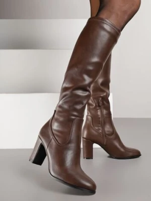 Brązowe Kozaki na Słupku z Przylegającą Cholewką Alovire c&l fashion