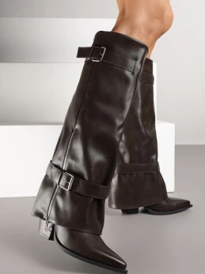 Brązowe Kozaki na Stożku z Cholewką Imitującą Nogawkę z Klamrami i Suwakiem Erseria ideal