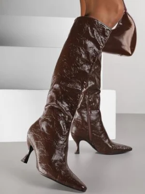 Brązowe Kozaki na Szpilce Vices z Marszczoną Cholewką z Efektem Spękań Tidvire
