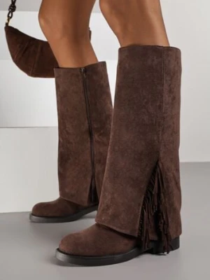 Brązowe Kozaki Ozdobione Frędzlami i Wywiniętą Cholewką Reilevia