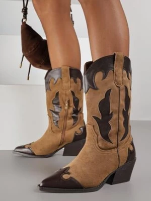 Brązowe Kozaki Typu Kowbojki na Stożkowym Obcasie Ozdobione Tłoczeniem Astille marquiiz