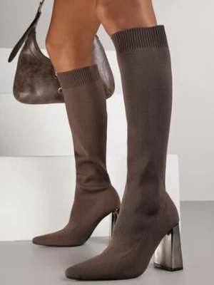 Brązowe Kozaki Vices na Metalicznym Słupku ze Skarpetkową Cholewką Tivitte