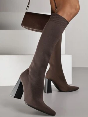 Brązowe Kozaki VICES na Słupku ze Skarpetkową Cholewką Zevona