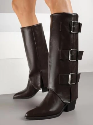 Brązowe Kozaki w Stylu Kowbojek na Obcasie z Wywiniętą Cholewką i Klamrą Latorema