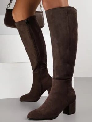 Brązowe Kozaki z Imitacji Zamszu do Kolana Vices na Niskim Słupku Ilodia