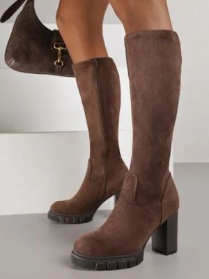 Brązowe Kozaki z Imitacji Zamszu na Obcasie Typu Słupek Rilaresa ideal