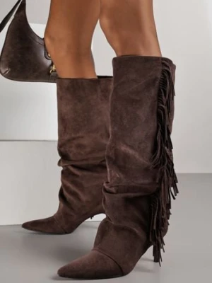 Brązowe Kozaki z Imitacji Zamszu na Szpilce z Marszczoną Cholewką z Frędzlami Linotris