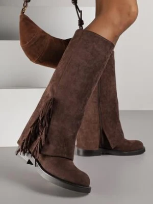 Brązowe Kozaki z Wywiniętą Cholewką i Frędzlami Reisela