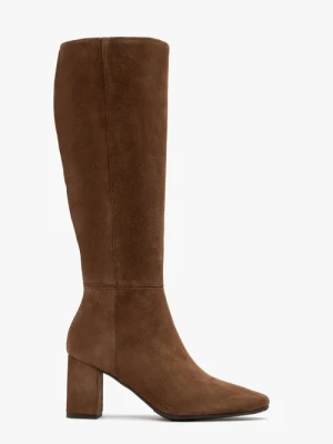 Brązowe kozaki ze skóry welurowej na słupkowym obcasie Ryłko