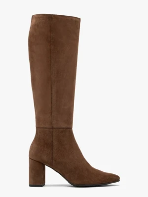 Brązowe kozaki ze skóry welurowej na słupkowym obcasie Ryłko