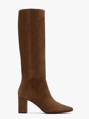 Brązowe kozaki ze skóry welurowej na słupkowym obcasie Ryłko