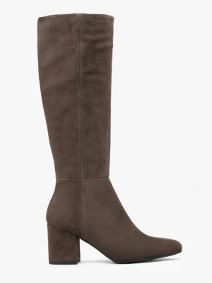 Brązowe kozaki ze skóry welurowej na słupku Ryłko