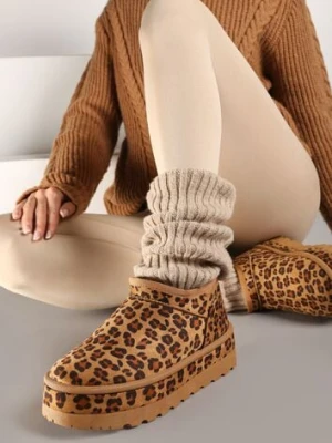 Brązowe Krótkie Śniegowce Vices z Ozdobną Lamówką i Wzorem w Panterkę Olfedi