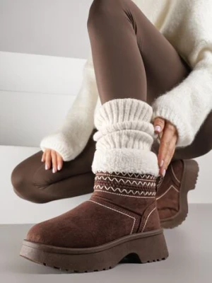 Brązowe Krótkie Śniegowce Wsuwane z Haftem i Futerkiem przy Cholewce Miovadia shoes