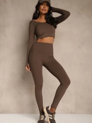 Brązowe Legginsy High Waist Ozdobione Przeszyciem Belanessa