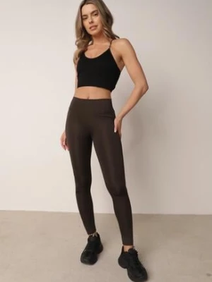 Brązowe Legginsy w Stylu Basic z Wyszczuplającym Pasem Samertes glo-story