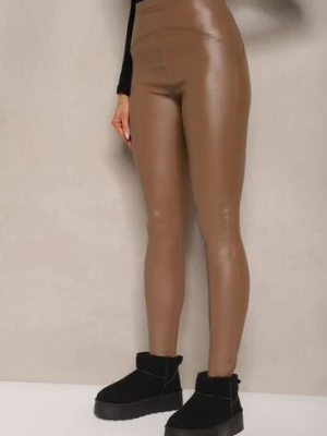 Brązowe Legginsy z Imitacji Skóry High Waist z Polarem Labrinne defox