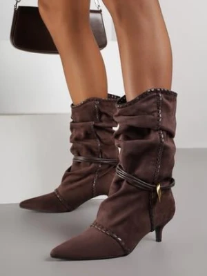 Brązowe Marszczone Botki na Obcasie Typu Kaczuszka ze Sznurkiem i Ozdobą Avidvire c&l fashion