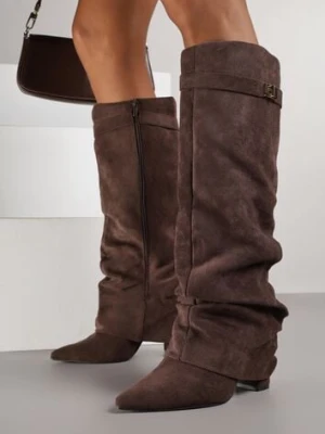 Brązowe Marszczone Kozaki na Słupkowym Obcasie z Wywiniętą Cholewką Runella