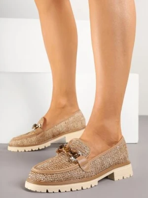 Brązowe Mokasyny Ozdobione Metaliczną Aplikacją Plecionką i Koralikami Lisvia seastar