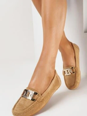 Brązowe Mokasyny z Imitacji Zamszu z Biżuteryjną Klamrą Rolani