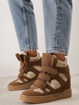 Brązowe Ocieplane Sneakersy na Koturnie z Imitacji Zamszu Zapinane na Rzep Toiavon