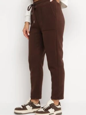 Brązowe Ocieplane Spodnie Bawełniane z Gumką w Pasie Ocuna defox