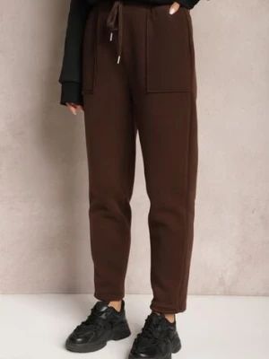 Brązowe Ocieplane Spodnie z Gumką w Pasie Prokana defox