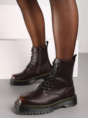 Brązowe Ocieplone Botki Workery na Grubej Podeszwie ze Sznurowaniem Cretine