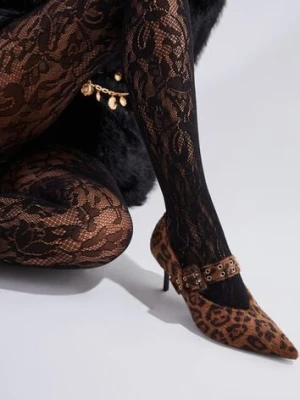 Brązowe Panterkowe Czółenka Vices na Szpilce z Wkładką ze Skóry Naturalnej z Klamrą Nalisette