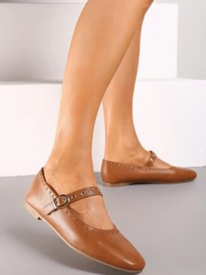 Brązowe Płaskie Balerinki w Stylu Mary Jane Ozdobione Ćwiekami Biandra