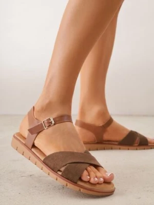 Brązowe Płaskie Sandały VICES z Cholewką ze Skrzyżowanymi Paskami Emelika