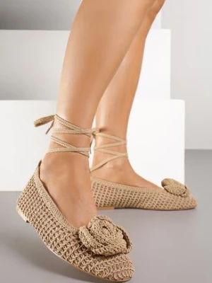 Brązowe Plecione Balerinki Vices z Aplikacją i Wiązaniem Erlemia