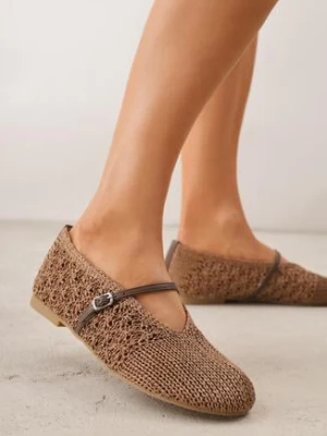 Brązowe Plecione Balerinki VICES z Paskiem z Klamerką i Wycięciem V Nemecea