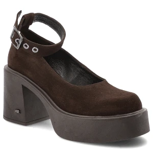 Półbuty damskie Karino, na masywnym klocku skórzane z okrągłym noskiem i zapinane sprzączką, mokka, 5638-015-P