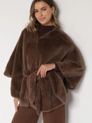 Brązowe Ponczo z Futerkiem i Wiązanym Paskiem Monalena