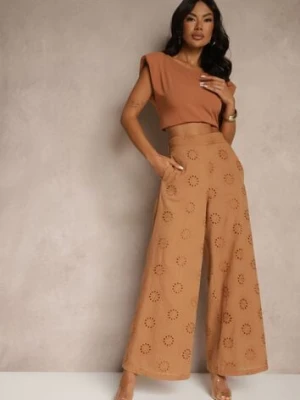 Brązowe Proste Spodnie z Bawełny z Haftem i Ażurowymi Zdobieniami Tolazia rosa