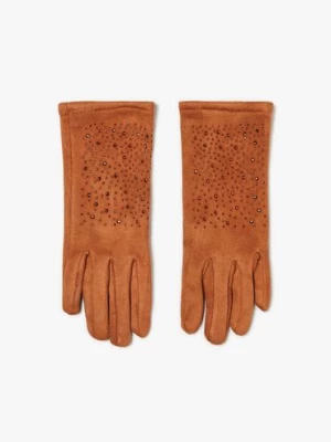 Brązowe rękawiczki damskie zamszowe z dżetami Moodo
