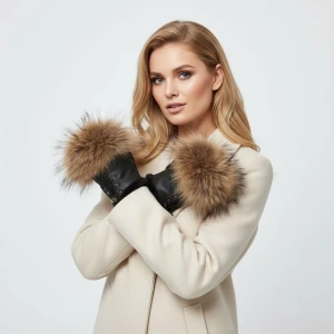 Brązowe Rękawiczki Luka-Pelli Skórzane Mitenki Z Naturalnym Futrem Jenota