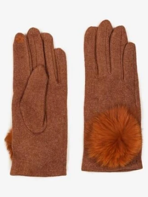 Brązowe Rękawiczki z Bawełną i Ozdobnym Pomponem Sadelira