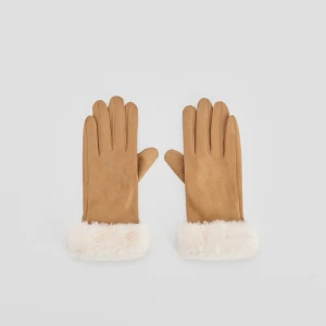 Brązowe rękawiczki ze sztucznego zamszu z syntetycznym futerkiem House
