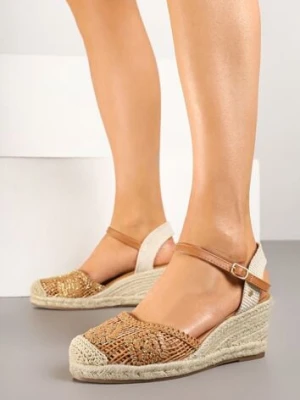Brązowe Sandały Boho z Ażurową Cholewką na Plecionym Koturnie Tenavinea tulipano